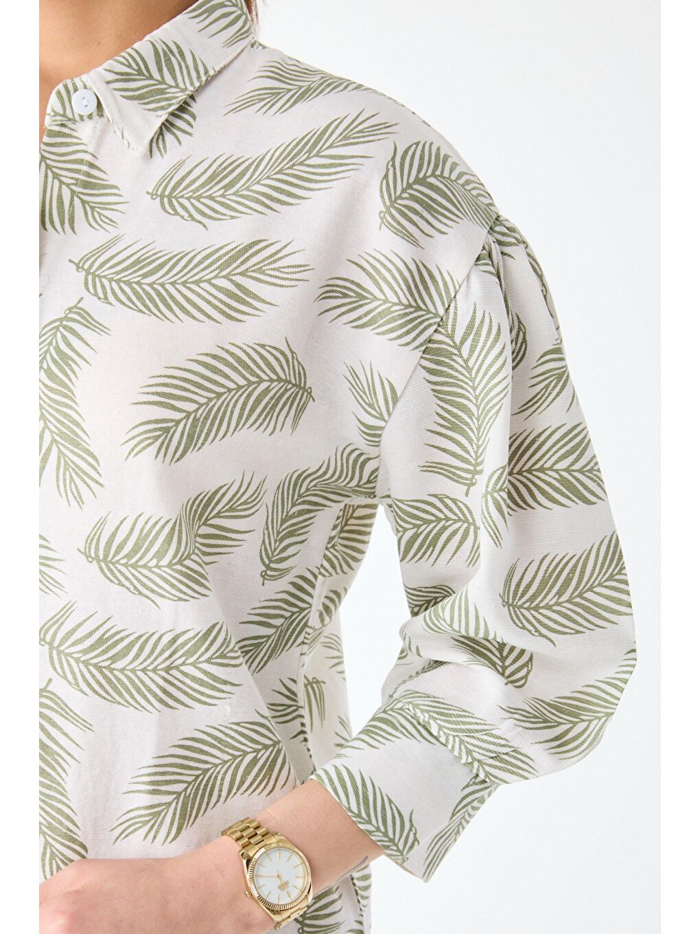 Gömlek Yaka Kadın Haki Fakir Kol Desenli Gömlek - 24381-4