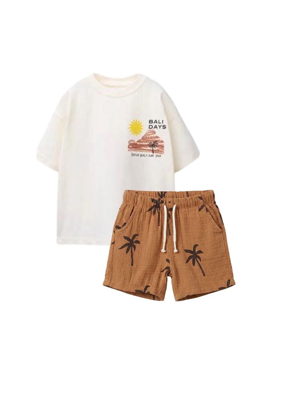 Karışık Erkek Çocuk Pamuklu Ekru Bali Days Baskılı T-Shirt Ve Palmiye Desenli Şort Takım-4