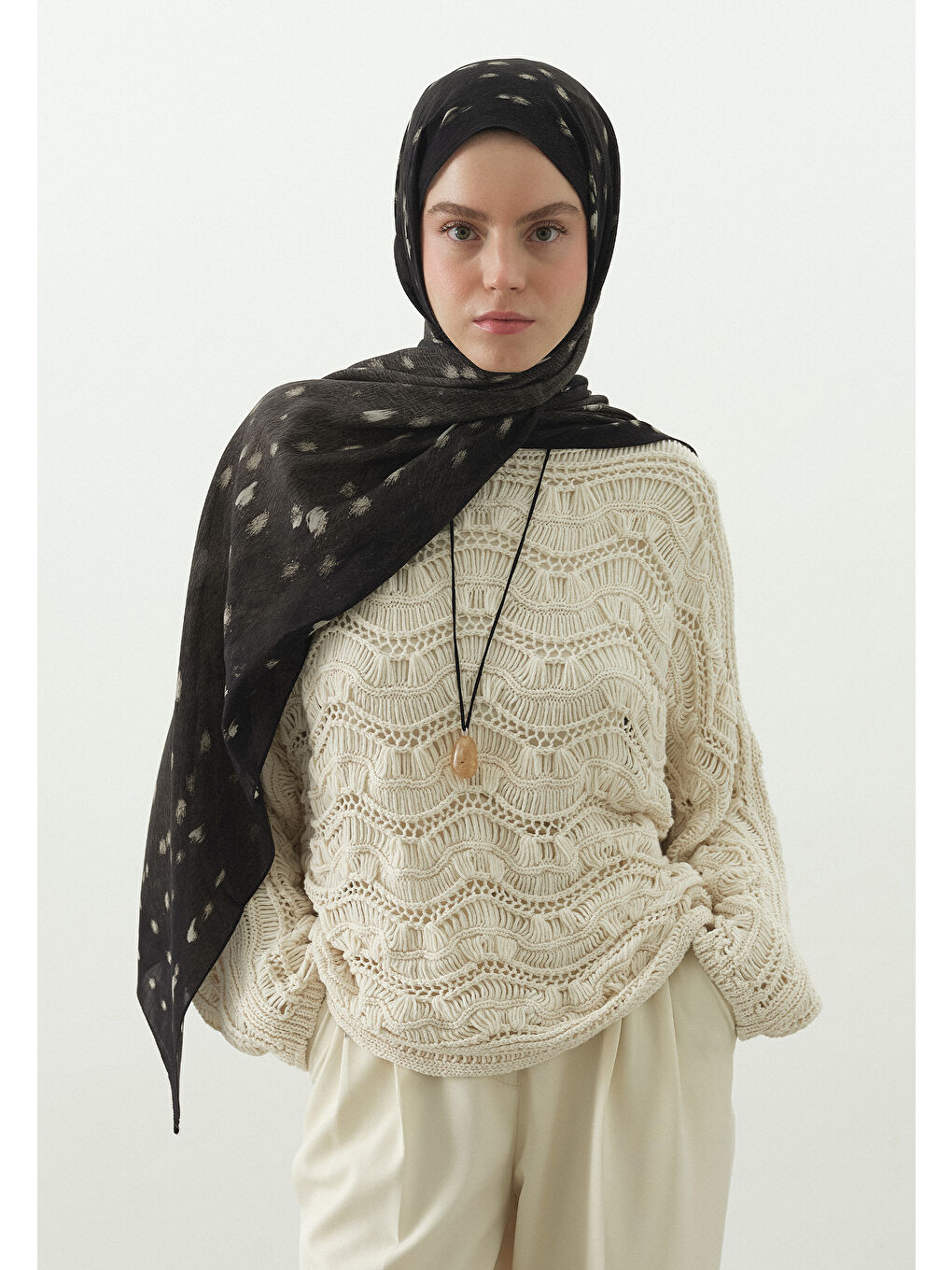 Siyah FAWN DESENLİ PAMUK VİSKON ŞAL SİYAH-1