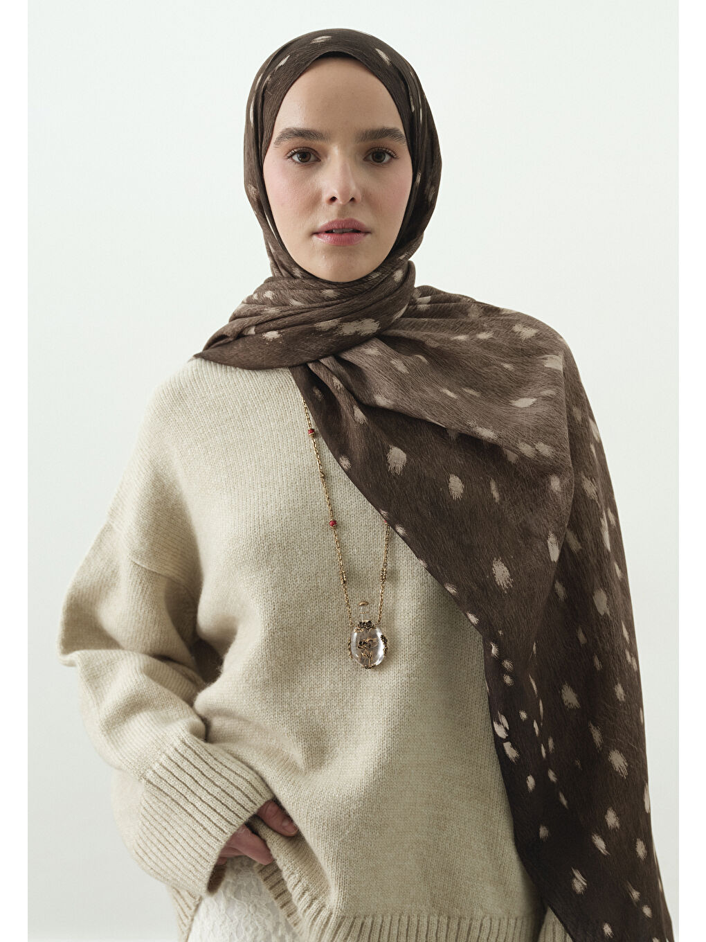 Bej FAWN DESENLİ PAMUK VİSKON ŞAL VİZON-3