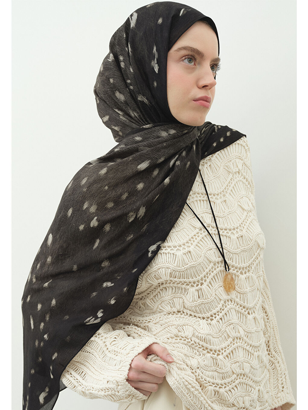 Siyah FAWN DESENLİ PAMUK VİSKON ŞAL SİYAH-3