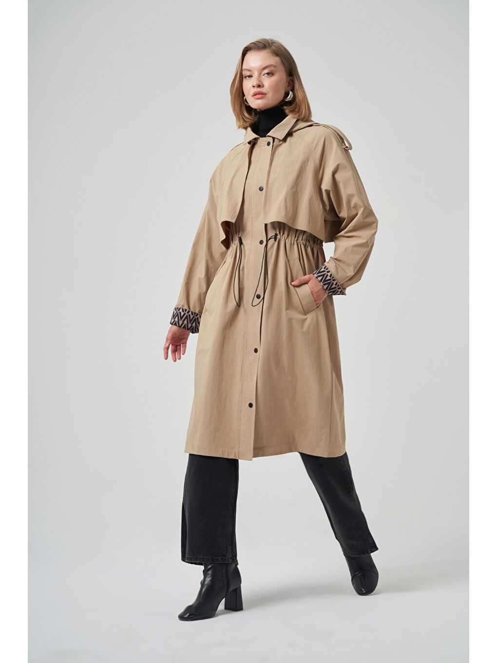 Kahverengi Kapüşon ve Astar Detay Kap Trençkot Ceket 6033 Camel-1