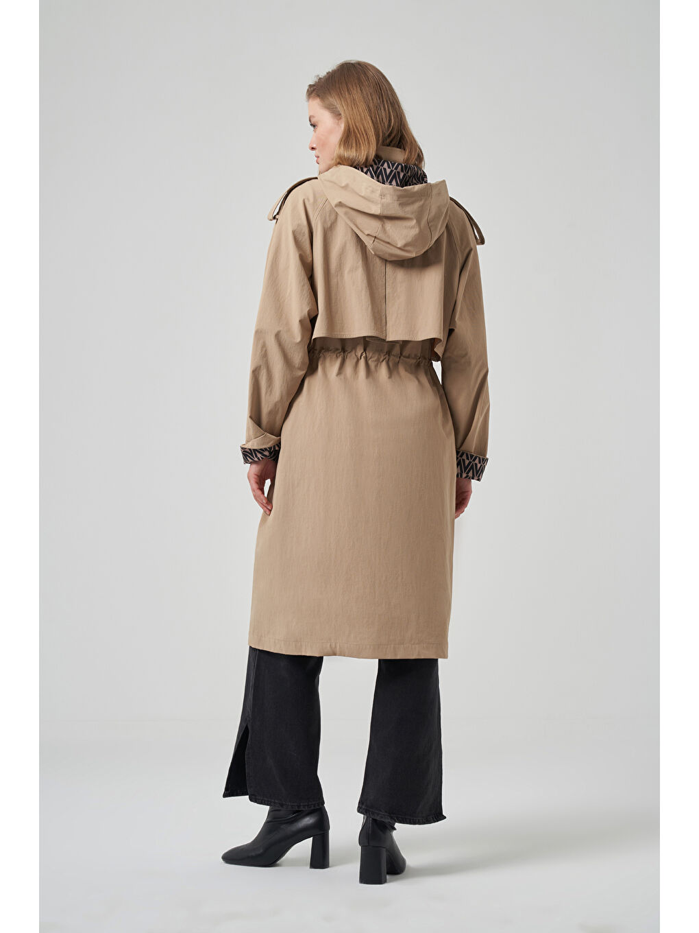 Kahverengi Kapüşon ve Astar Detay Kap Trençkot Ceket 6033 Camel-2