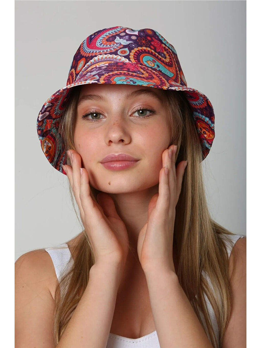 Beyaz Desenli Bucket Şapka RŞ-112 01 Renkli Şal-4