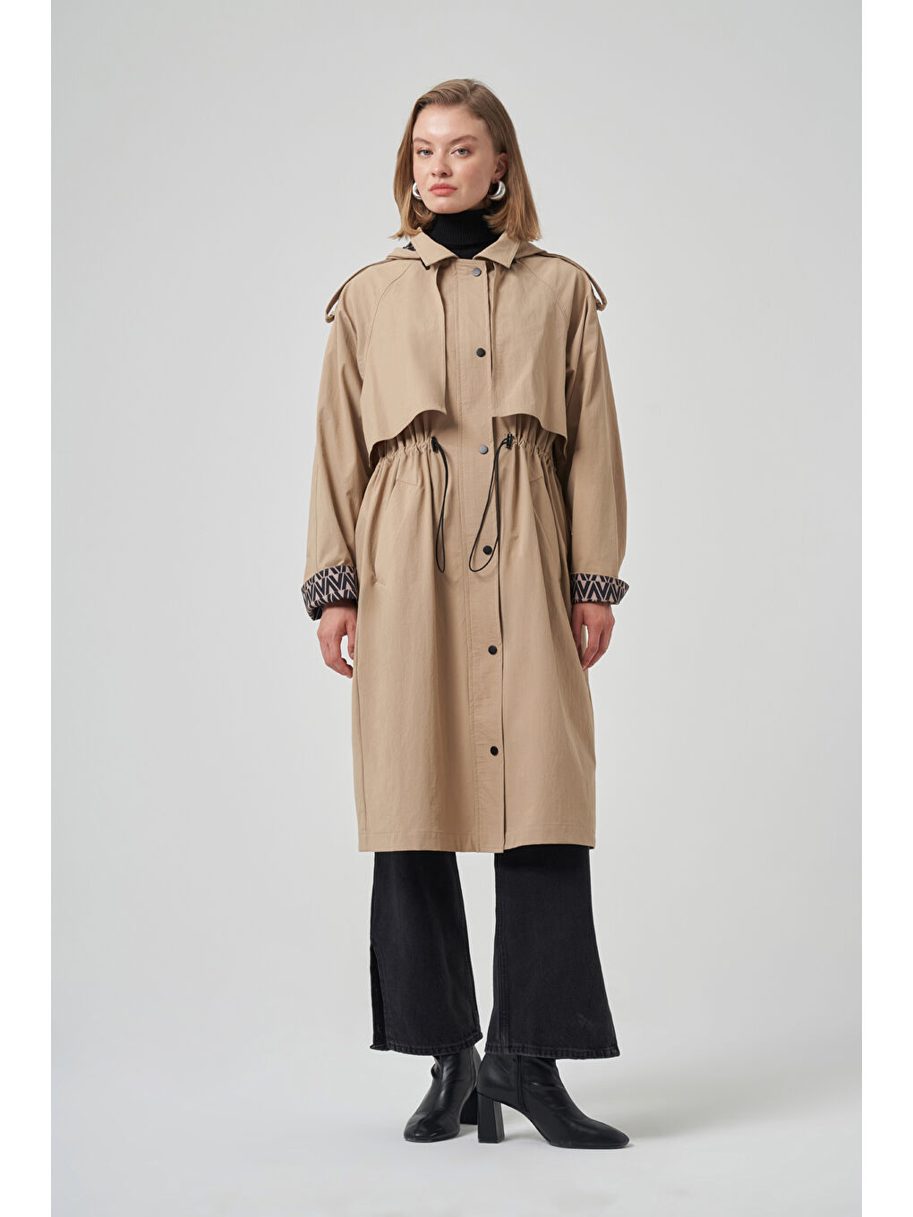 Kahverengi Kapüşon ve Astar Detay Kap Trençkot Ceket 6033 Camel-3