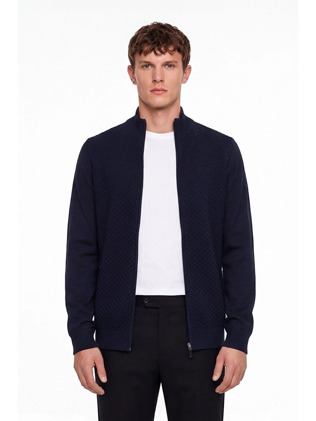 Erkek Lacivert Dar Kesim Slim Fit Yünlü Fermuarlı Dik Yaka Triko Hırka