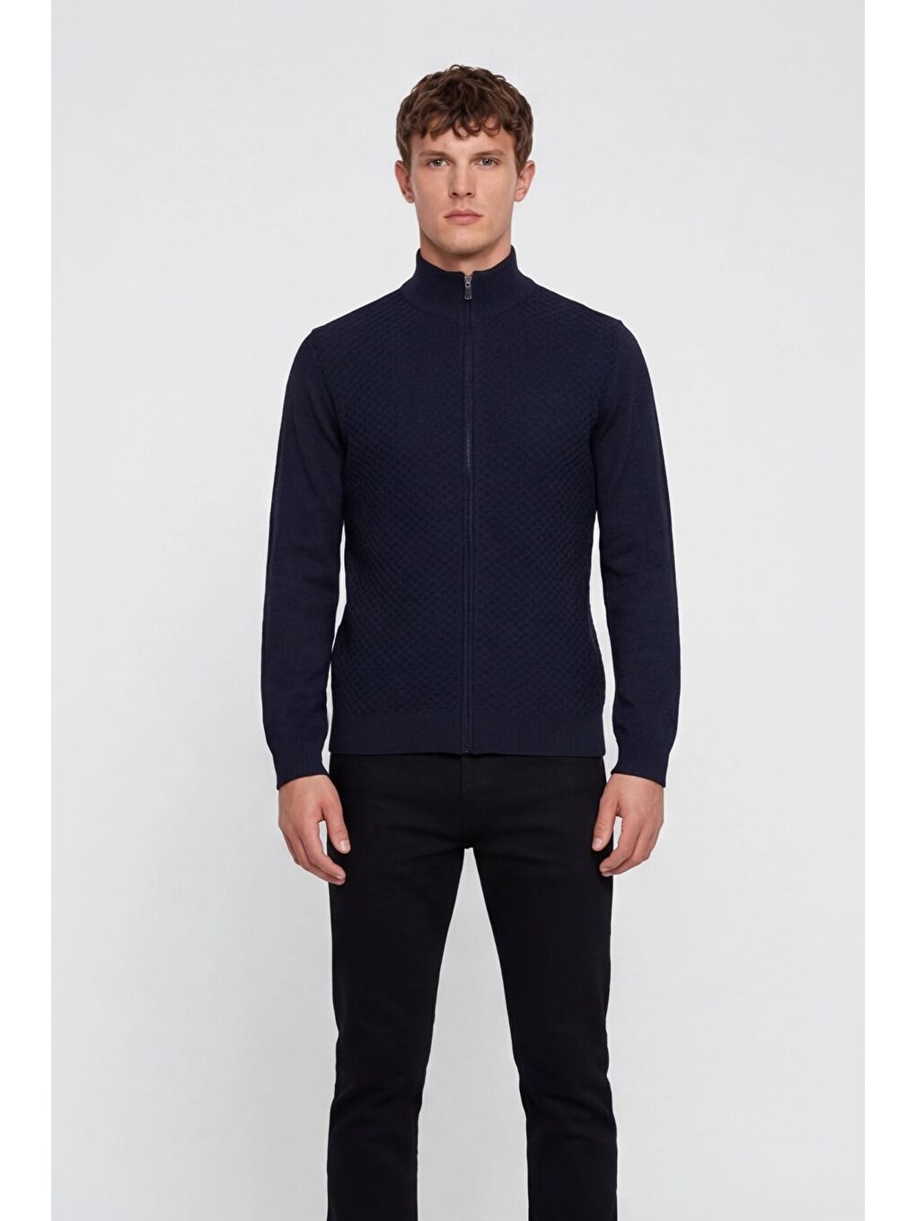 Erkek Lacivert Dar Kesim Slim Fit Yünlü Fermuarlı Dik Yaka Triko Hırka-2