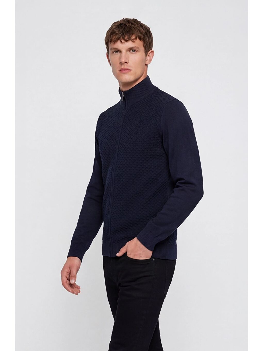 Erkek Lacivert Dar Kesim Slim Fit Yünlü Fermuarlı Dik Yaka Triko Hırka-3