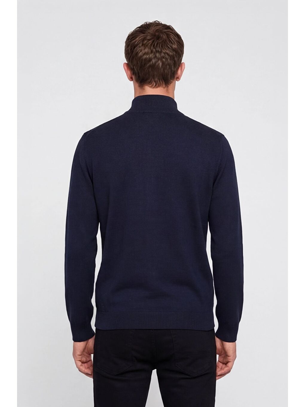 Erkek Lacivert Dar Kesim Slim Fit Yünlü Fermuarlı Dik Yaka Triko Hırka-4