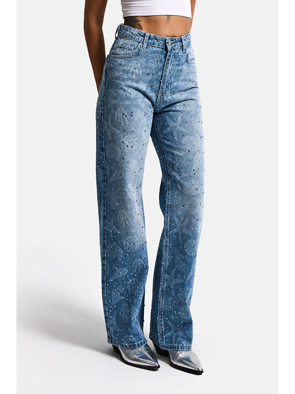 Mavi Kadın Jean Rengi T-2s6-27 Straight Fit Özel baskılı Kumaş Parlak Taşlı Tasarım Denim Jean-1