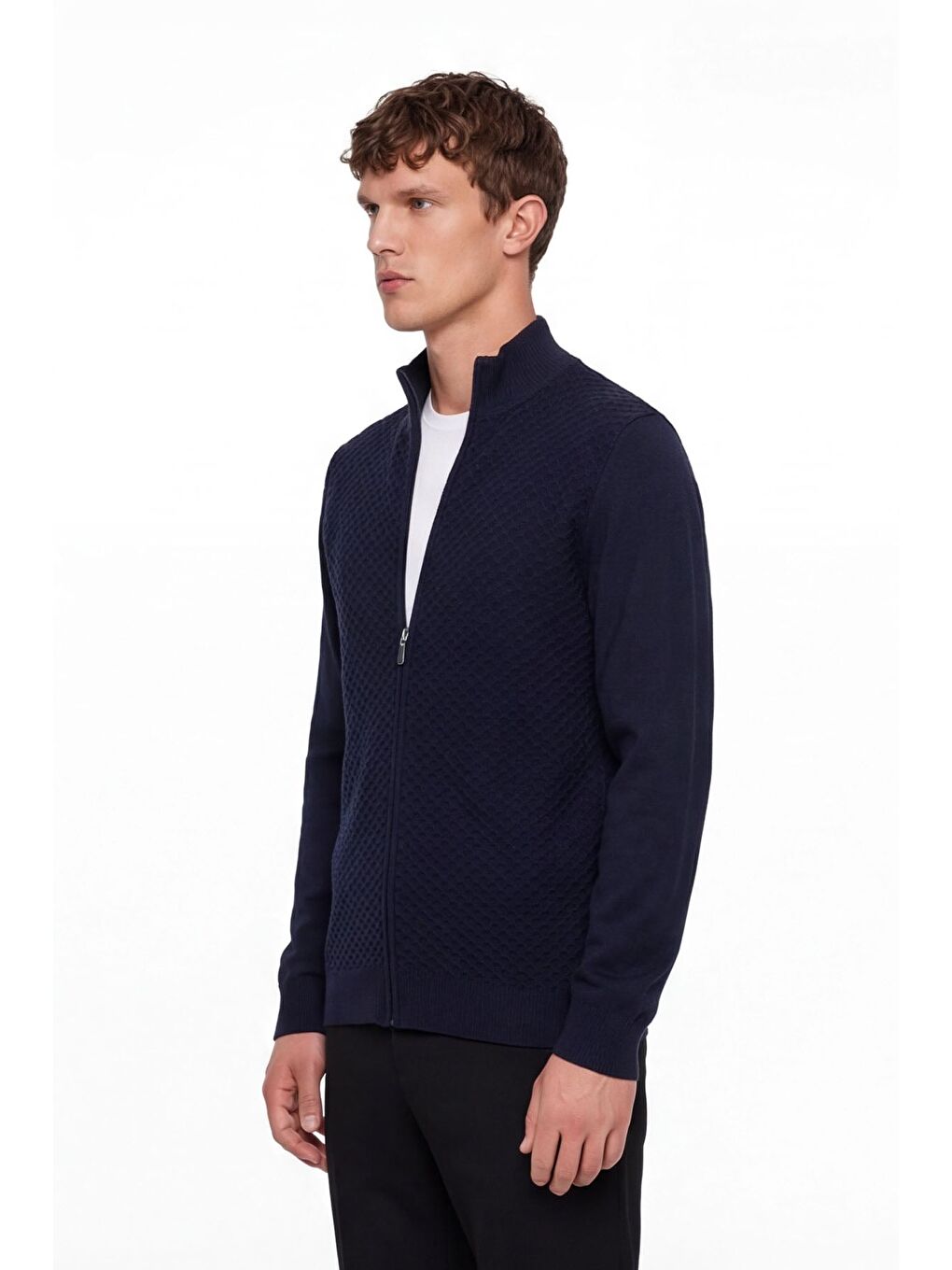 Erkek Lacivert Dar Kesim Slim Fit Yünlü Fermuarlı Dik Yaka Triko Hırka-5