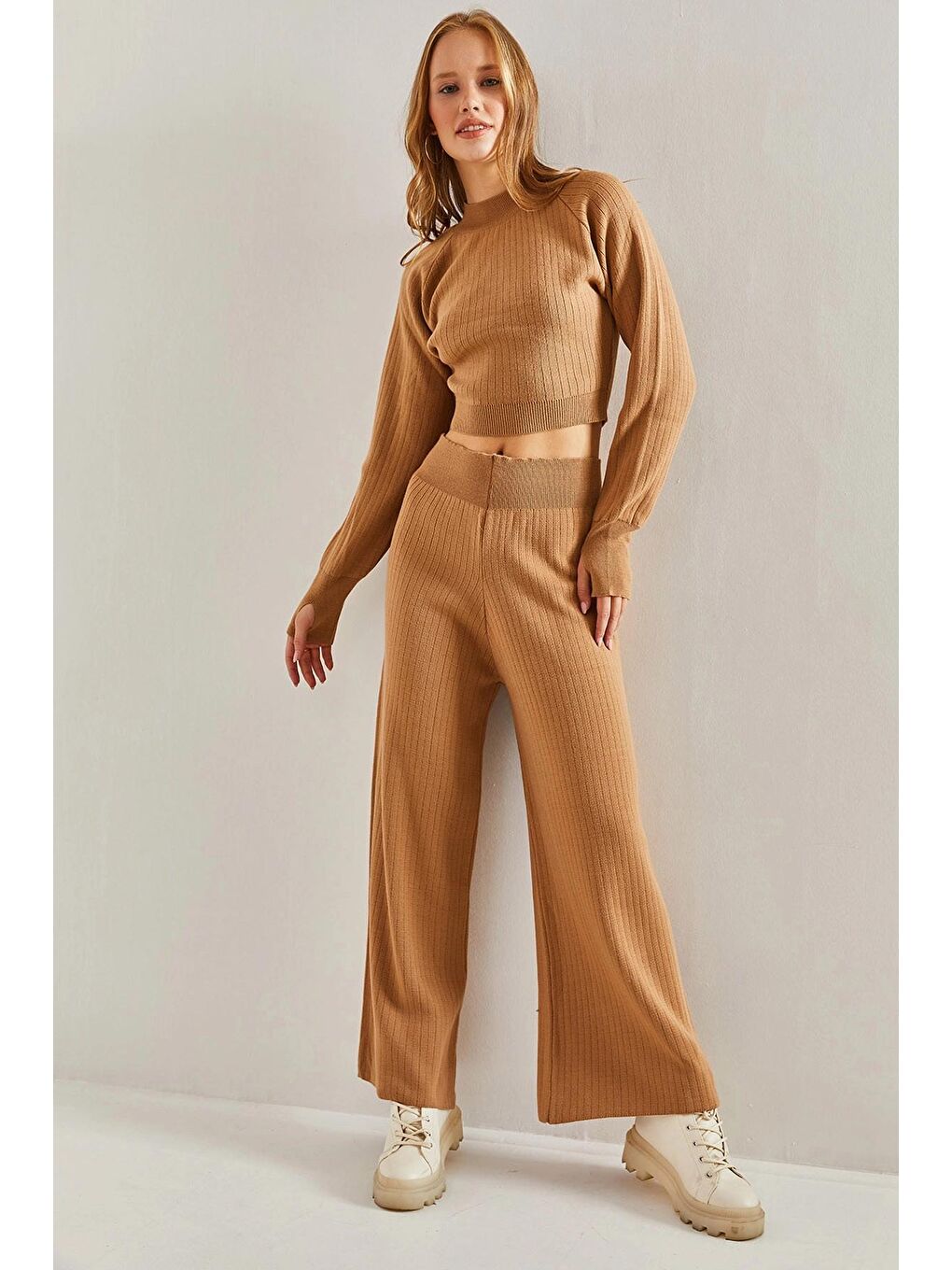 Kahverengi Kadın Beli Lastikli İkili Takım