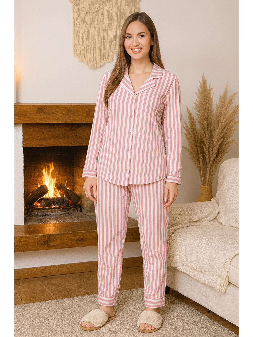 Beyaz Kadın Çizgili Desen Suprem Pijama Takımı 0500 Pembe08-2