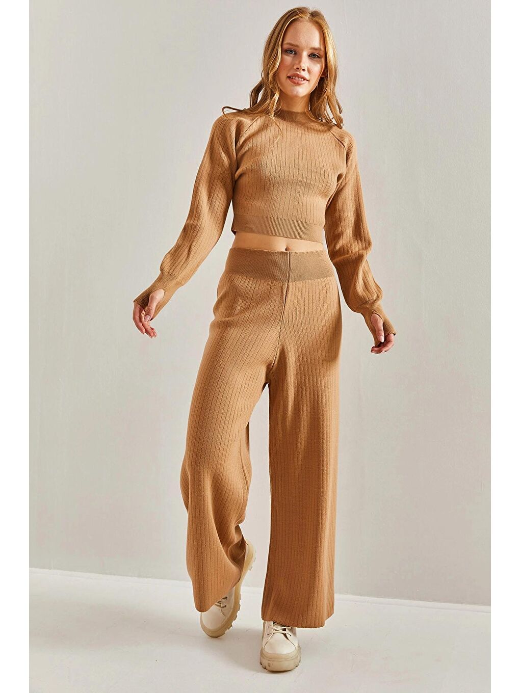 Kahverengi Kadın Beli Lastikli İkili Takım-1