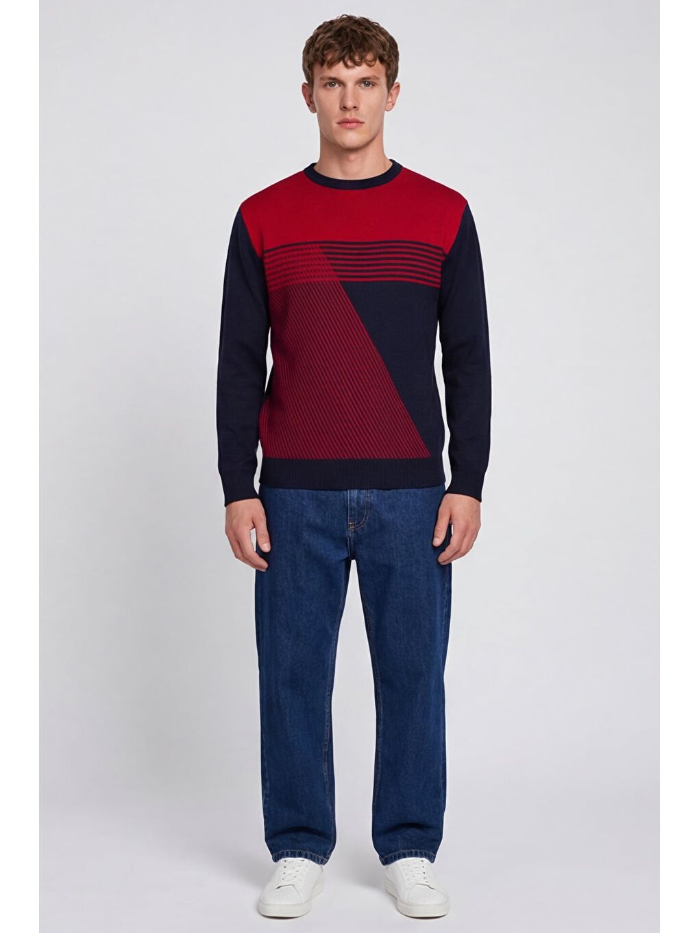 Erkek Lacivert Normal Kesim Regular Fit Yünlü Desenli Bisiklet Yaka Triko Kazak-1