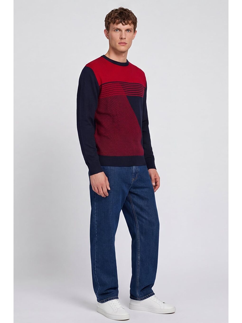 Erkek Lacivert Normal Kesim Regular Fit Yünlü Desenli Bisiklet Yaka Triko Kazak-2