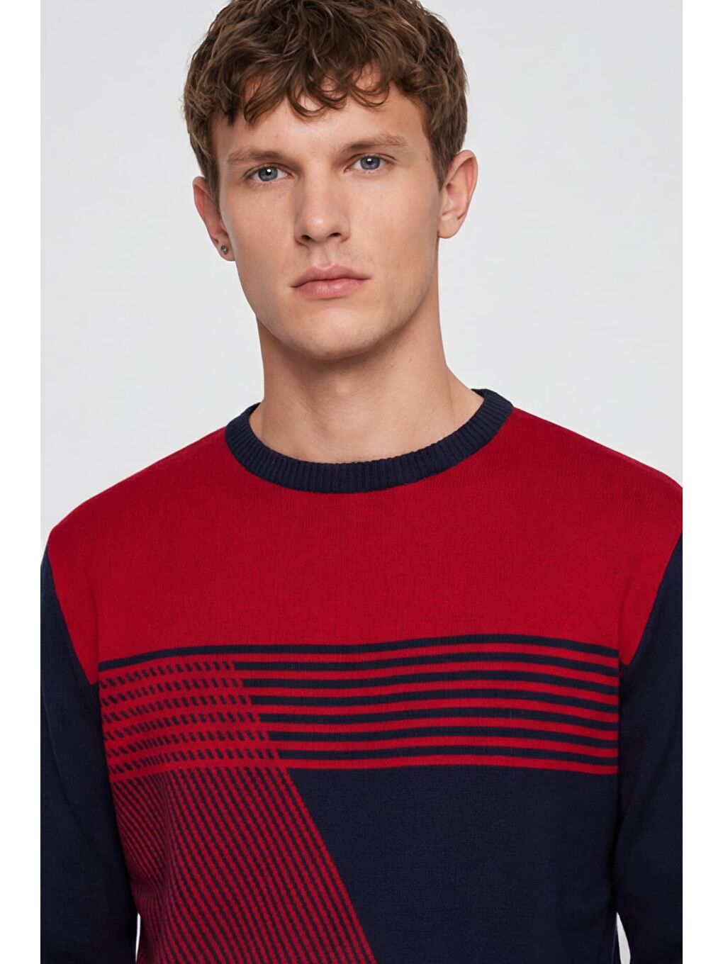 Erkek Lacivert Normal Kesim Regular Fit Yünlü Desenli Bisiklet Yaka Triko Kazak-3