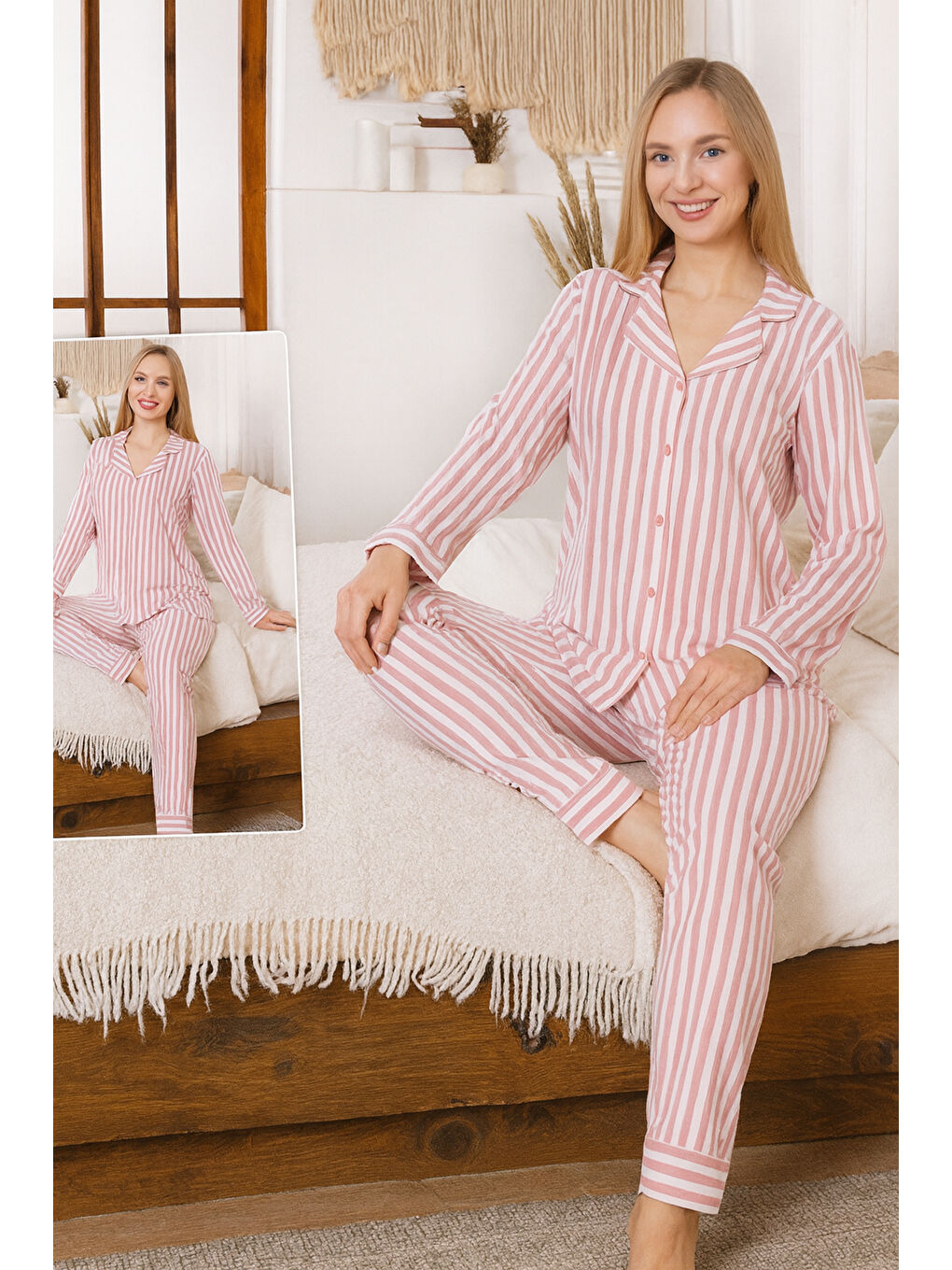 Beyaz Kadın Çizgili Desen Suprem Pijama Takımı 0500 Pembe08-3