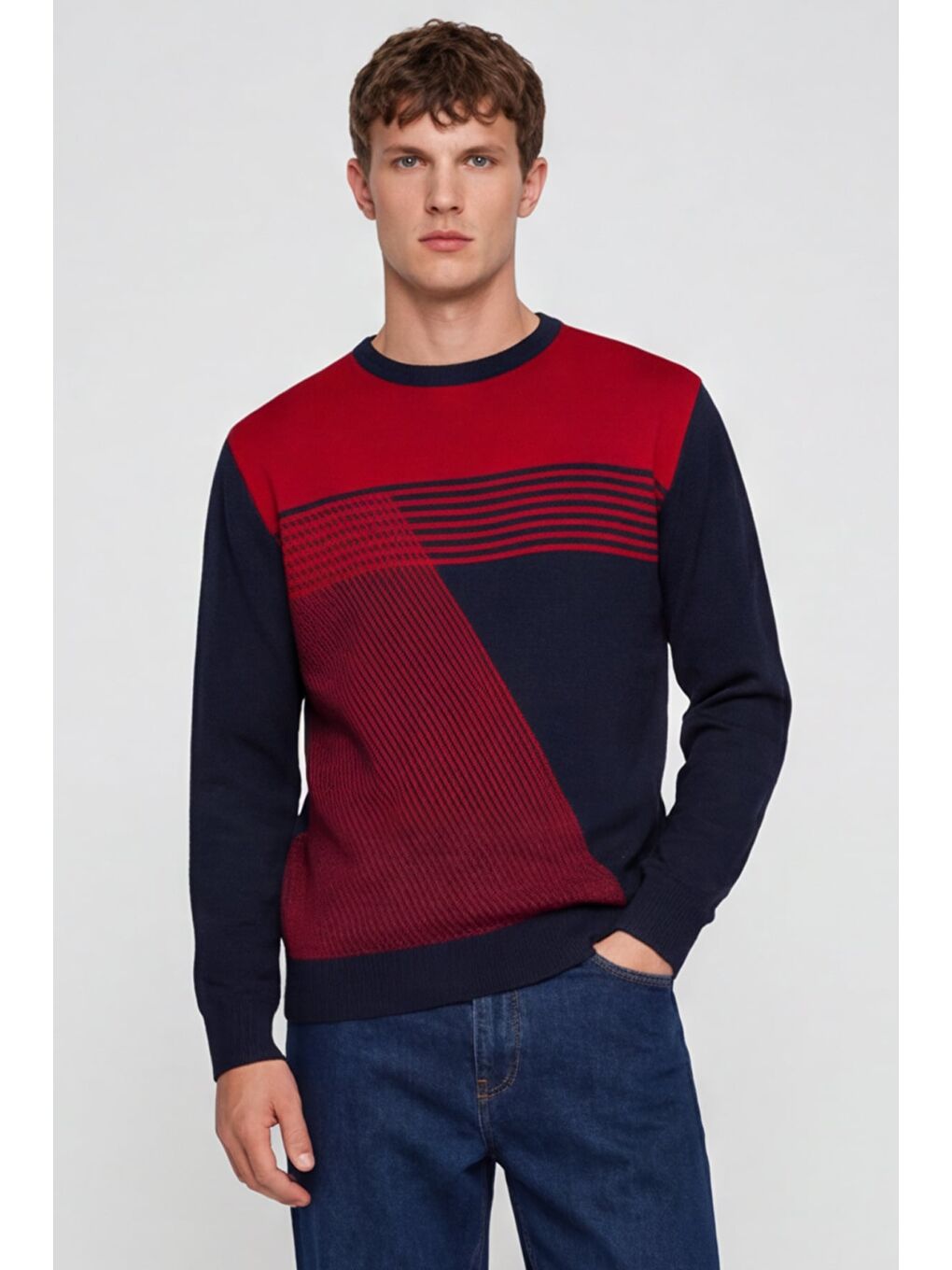 Erkek Lacivert Normal Kesim Regular Fit Yünlü Desenli Bisiklet Yaka Triko Kazak-4