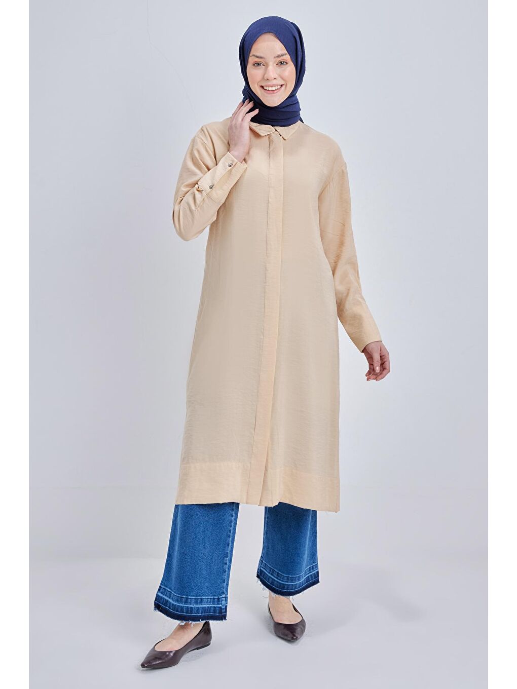 Bej Taş Düğmeli Modal Gömlek Tunik