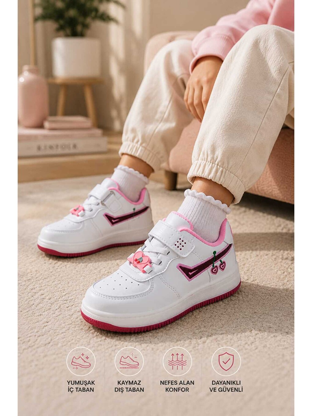 Beyaz Çocuk Işıklı Okul Günlük Spor Ayakkabı Cırt Cırtlı Kaymaz Taban Günlük Rahat Sneaker-1