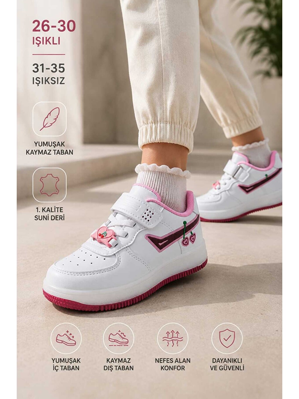 Beyaz Çocuk Işıklı Okul Günlük Spor Ayakkabı Cırt Cırtlı Kaymaz Taban Günlük Rahat Sneaker-5