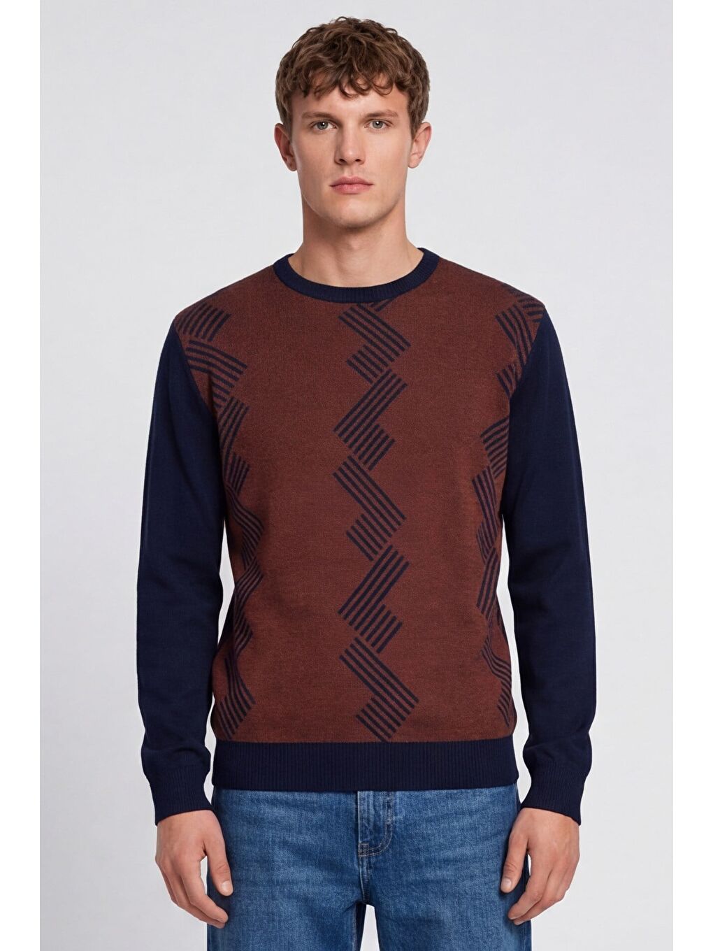 Erkek Lacivert Normal Kesim Regular Fit Yünlü Desenli Bisiklet Yaka Triko Kazak