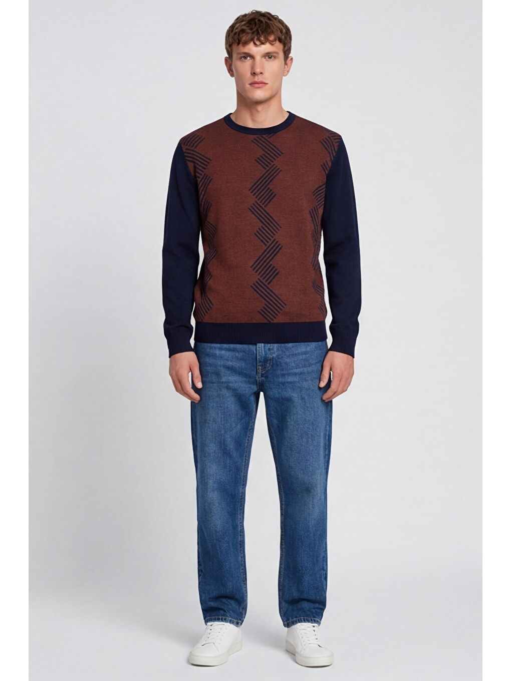 Erkek Lacivert Normal Kesim Regular Fit Yünlü Desenli Bisiklet Yaka Triko Kazak-1