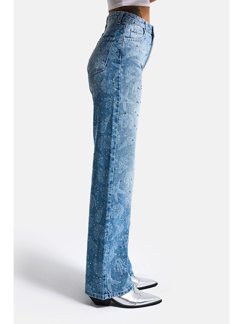 Mavi Kadın Jean Rengi T-2s6-27 Straight Fit Özel baskılı Kumaş Parlak Taşlı Tasarım Denim Jean-5
