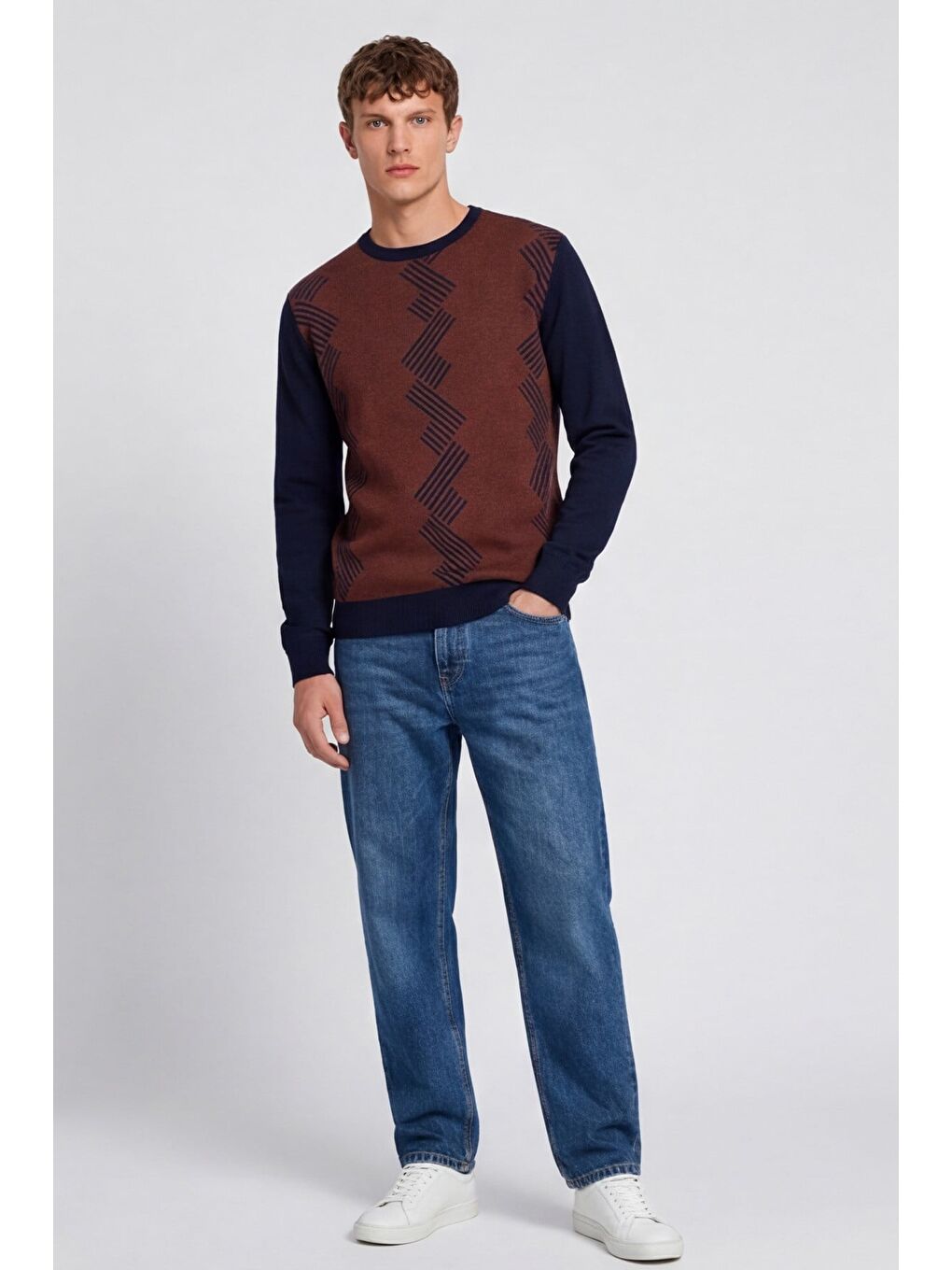Erkek Lacivert Normal Kesim Regular Fit Yünlü Desenli Bisiklet Yaka Triko Kazak-2