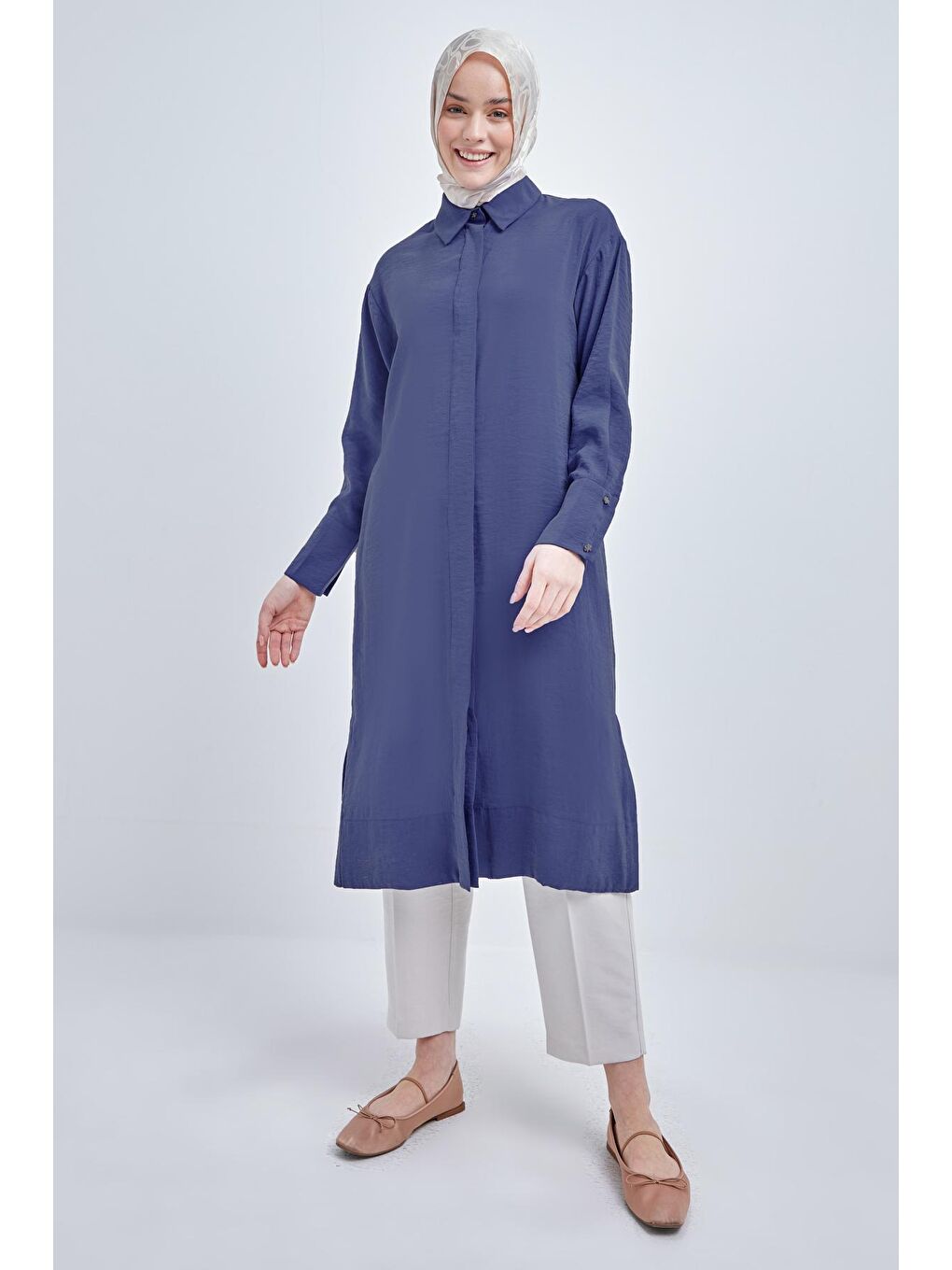 İndigo Taş Düğmeli Modal Gömlek Tunik