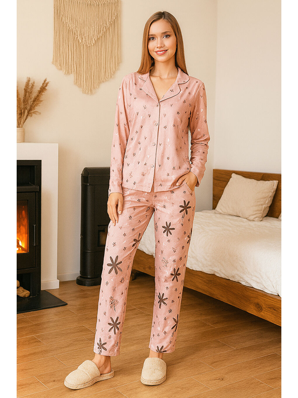 Pembe Kadın Desenli Saphire Önü Düğmeli Pijama Takımı 0480 Pudra-3