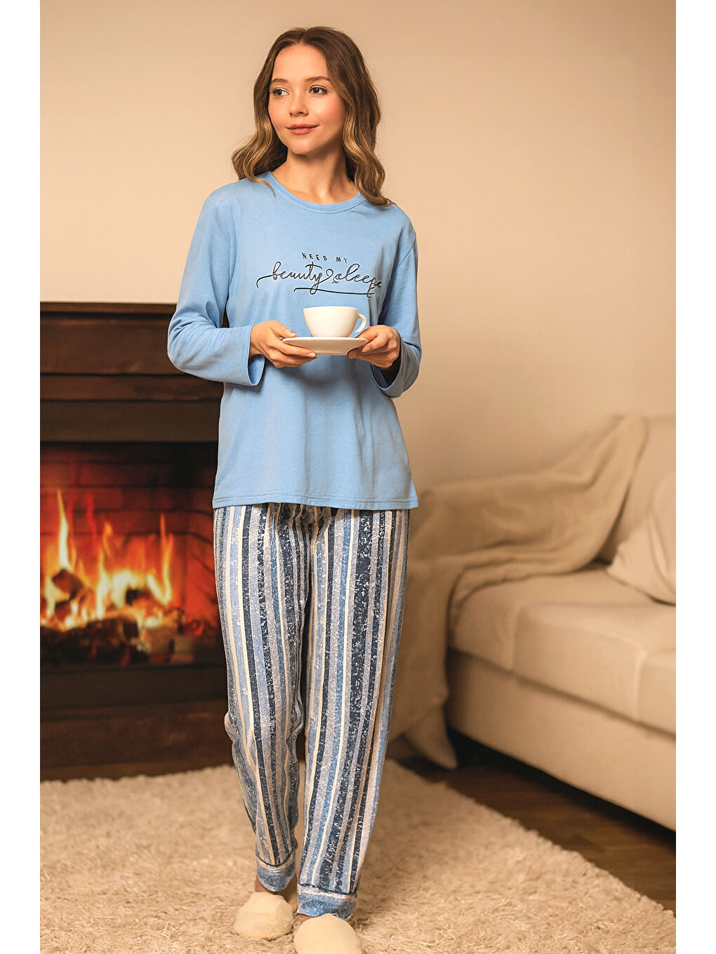 Kadın Çizgili Desen Suprem Pijama Takımı 0328 Mavi04-3