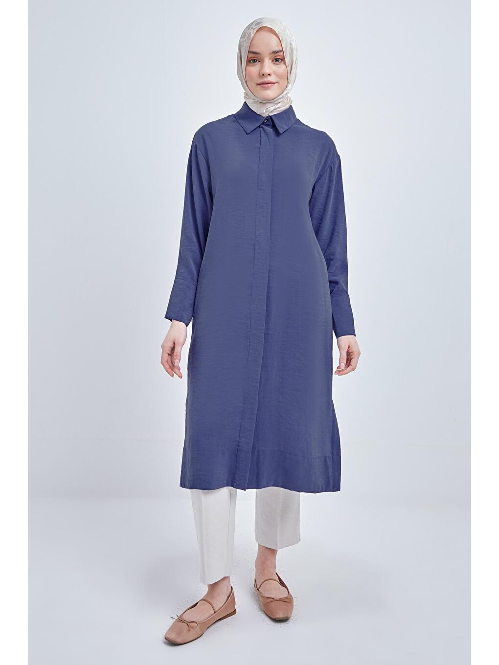 İndigo Taş Düğmeli Modal Gömlek Tunik-1