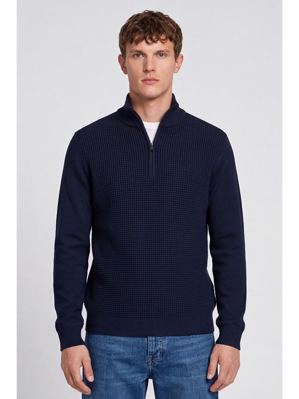 Erkek Lacivert Normal Kesim Regular Fit Yünlü Fermuarlı Dik Yaka Triko Kazak