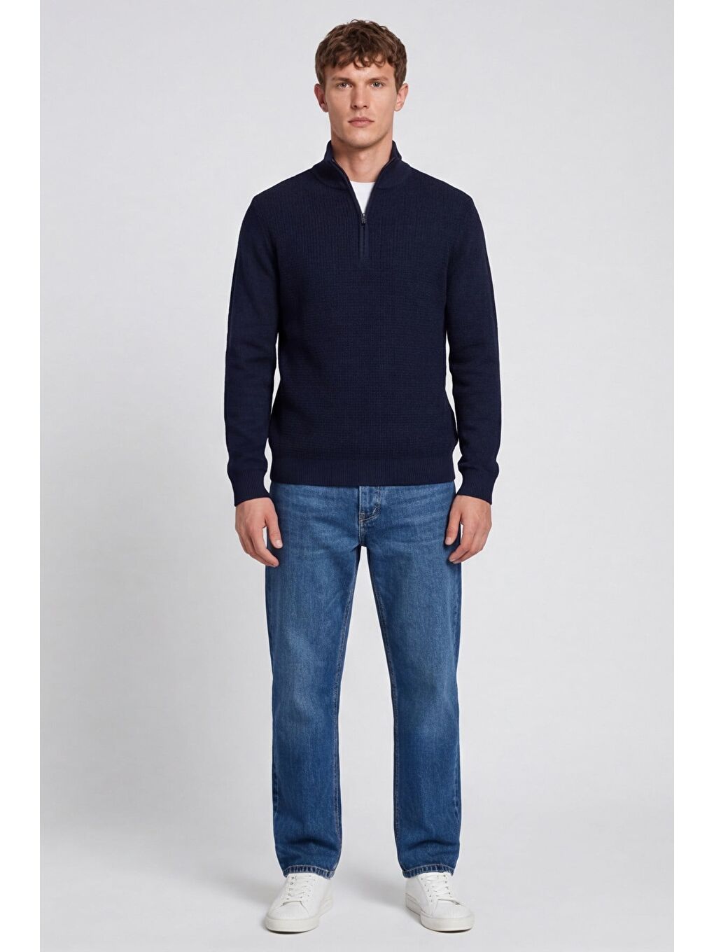 Erkek Lacivert Normal Kesim Regular Fit Yünlü Fermuarlı Dik Yaka Triko Kazak-1