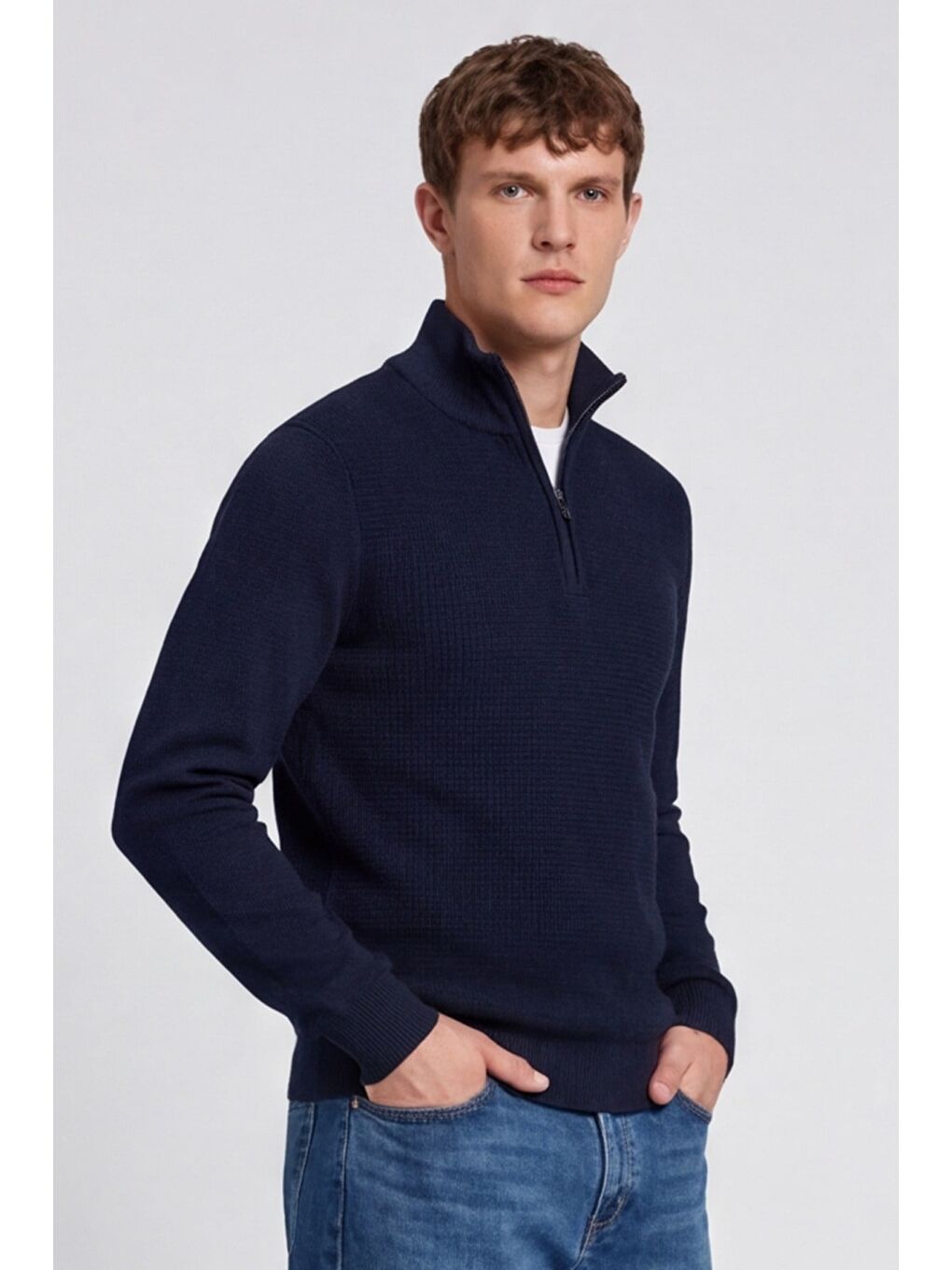 Erkek Lacivert Normal Kesim Regular Fit Yünlü Fermuarlı Dik Yaka Triko Kazak-2