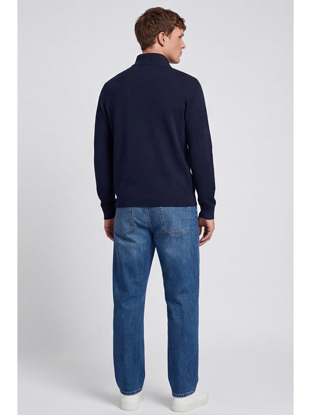 Erkek Lacivert Normal Kesim Regular Fit Yünlü Fermuarlı Dik Yaka Triko Kazak-3