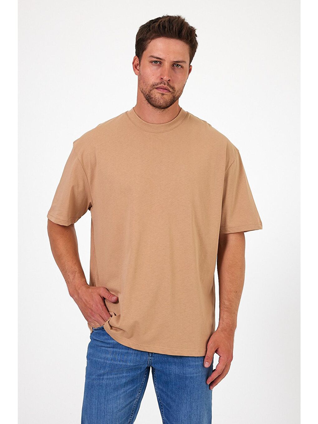 Bej Bisiklet Yaka Human Baskılı Erkek Tişört 7027