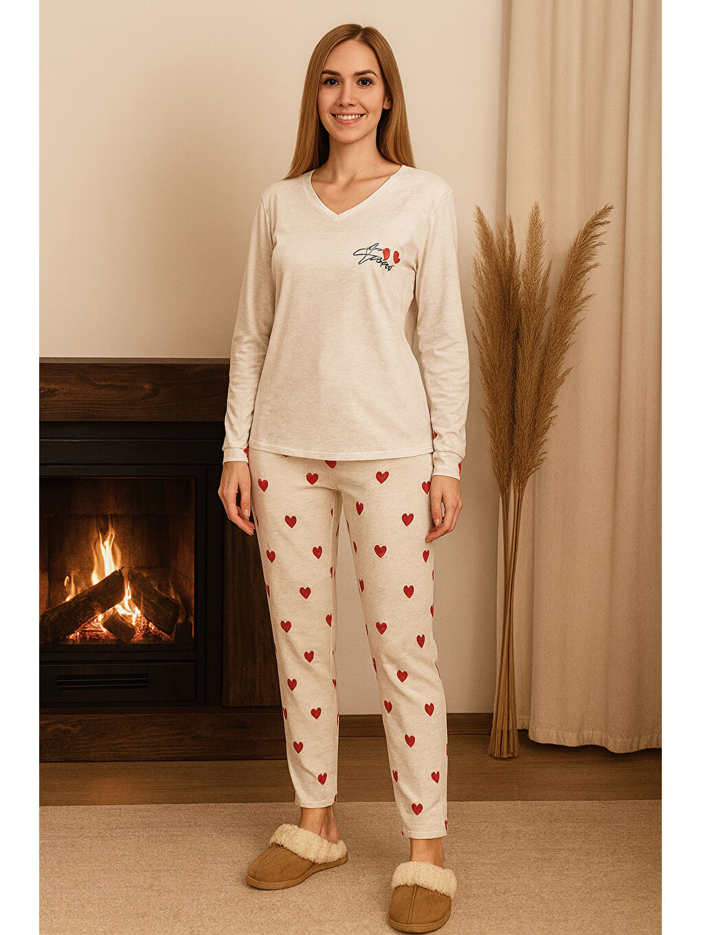 Kadın Kalp Desen V Yaka Suprem Pijama Takımı 0464 Gri06-2