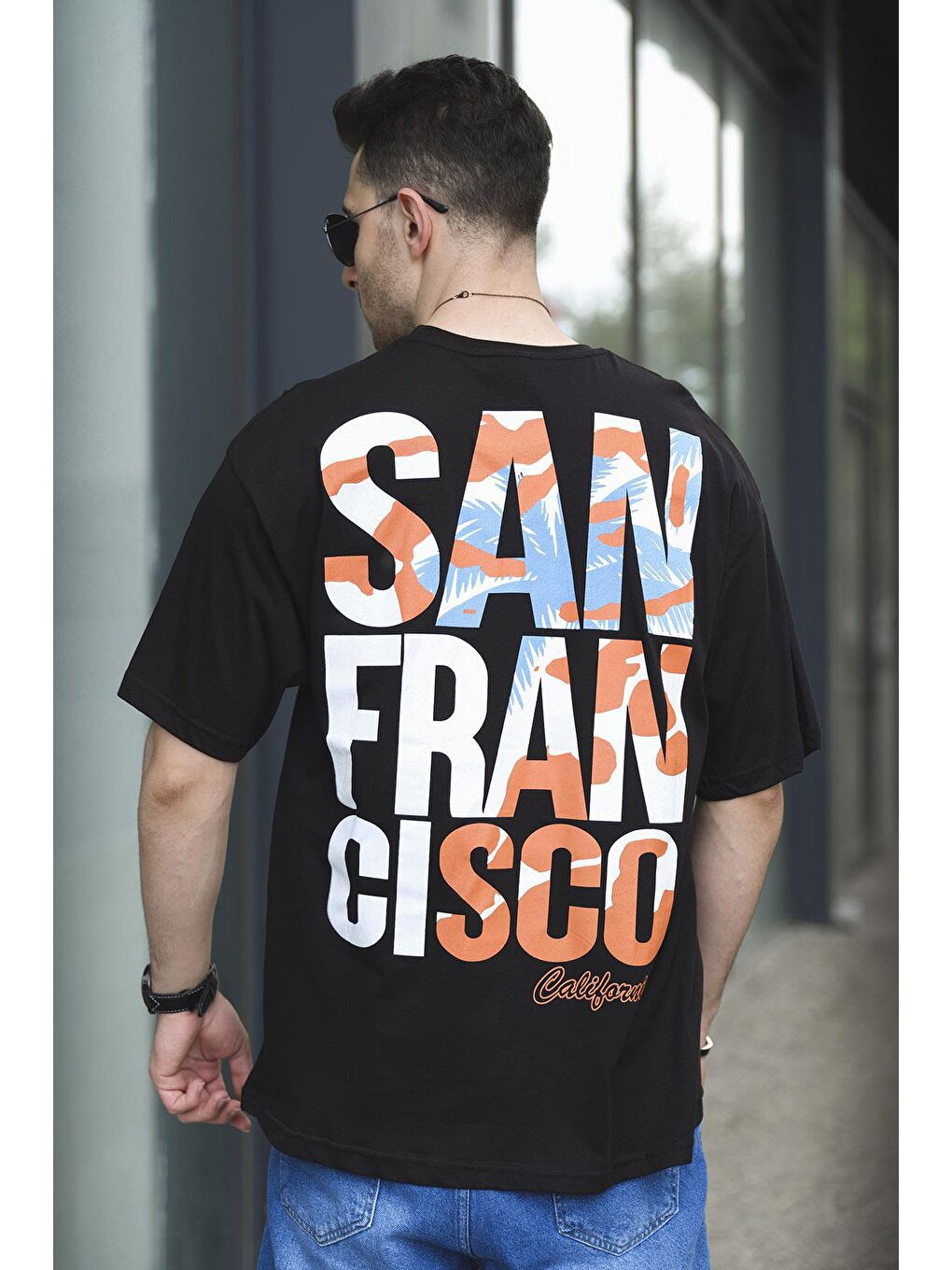 Siyah Tatum San Francisco Baskılı Oversize Bisiklet Yaka Erkek Tshirt