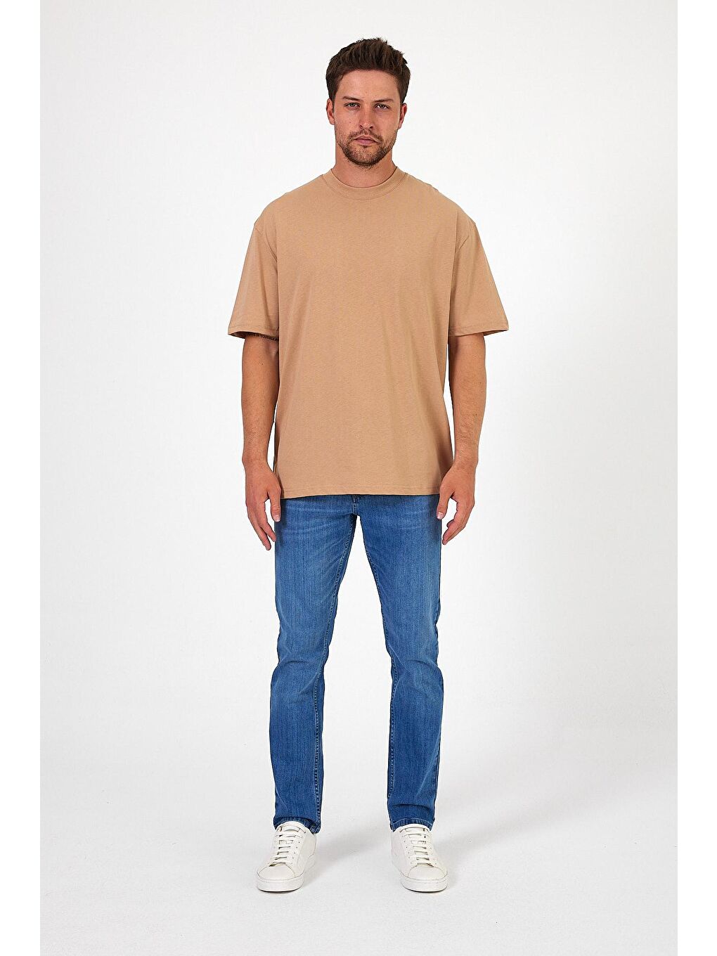 Bej Bisiklet Yaka Human Baskılı Erkek Tişört 7027-4