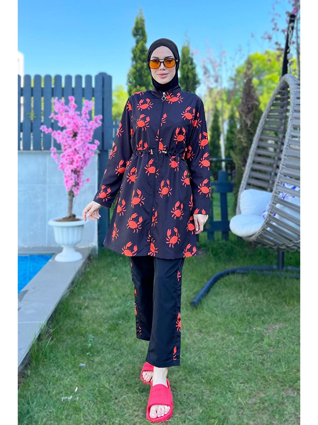 Siyah Parasut Tam Kapalı Tesettür Mayo R080 Yengeç-7