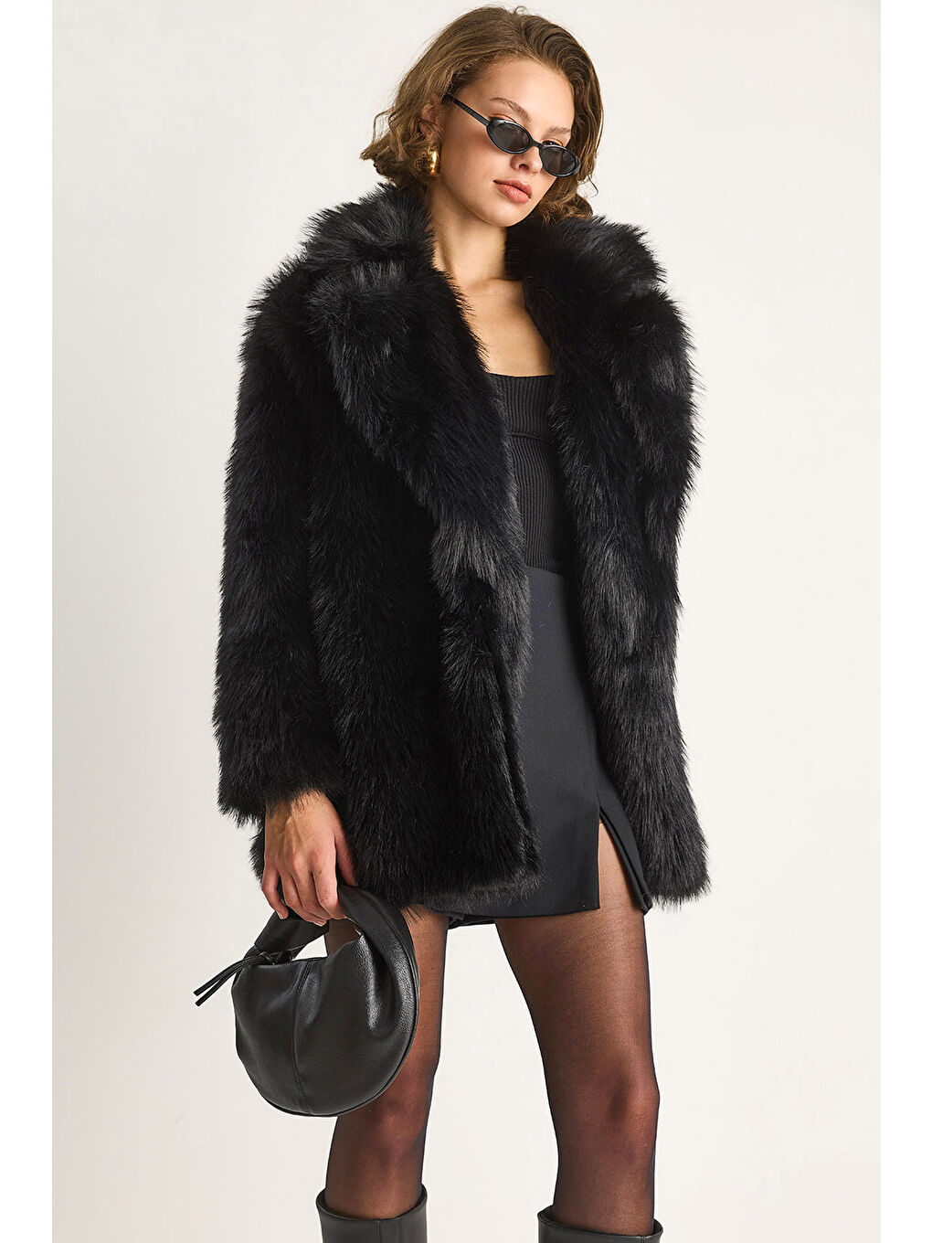 Siyah Kadın Premium Suni Uzun Kürk Ceket