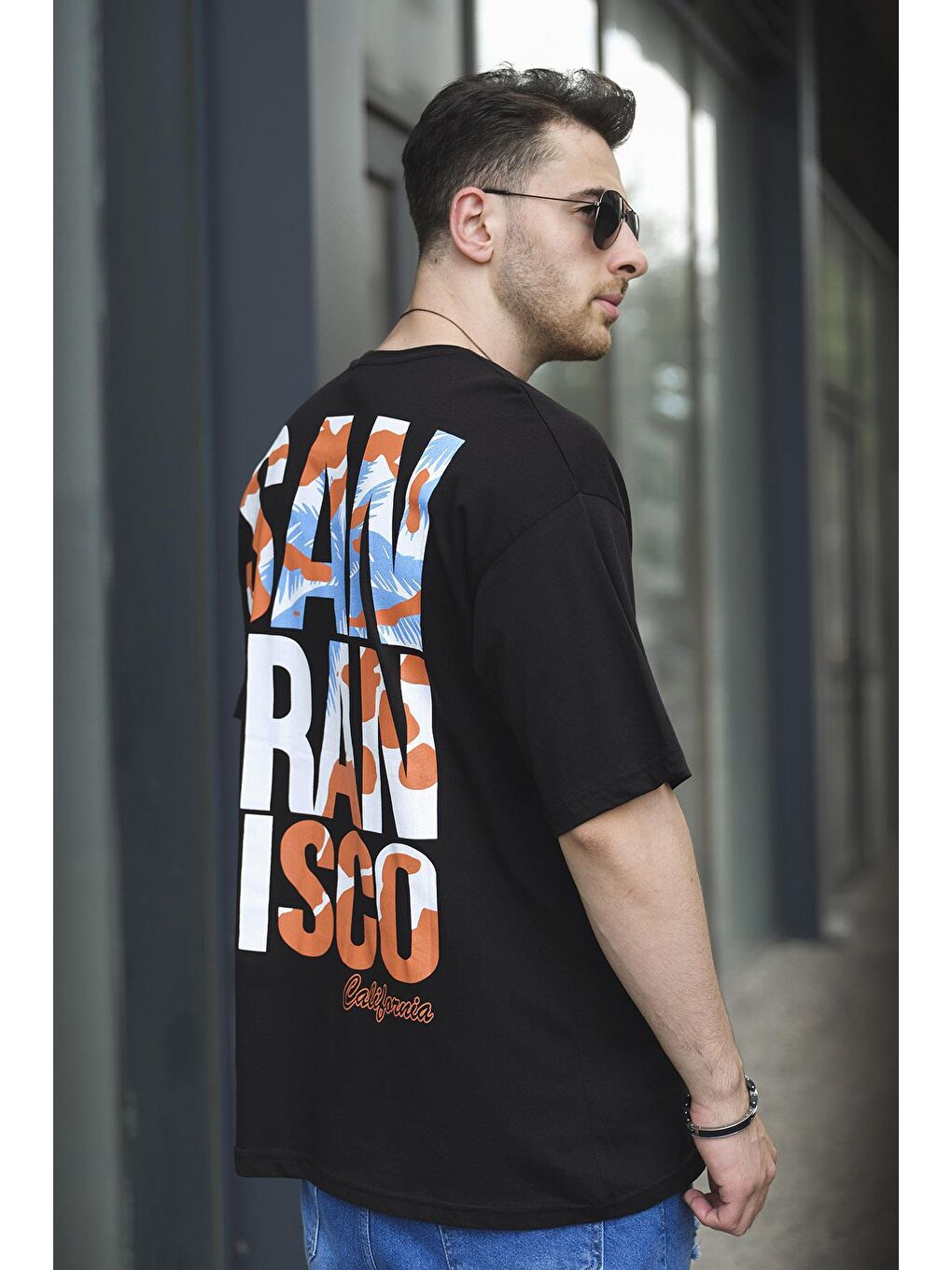 Siyah Tatum San Francisco Baskılı Oversize Bisiklet Yaka Erkek Tshirt-2