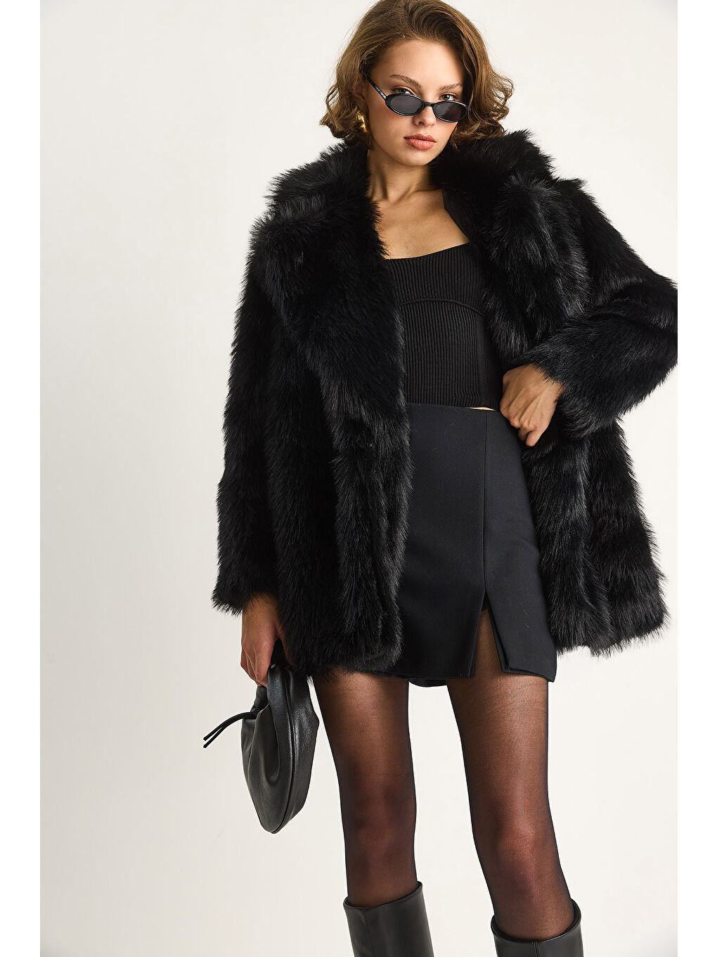 Siyah Kadın Premium Suni Uzun Kürk Ceket-1