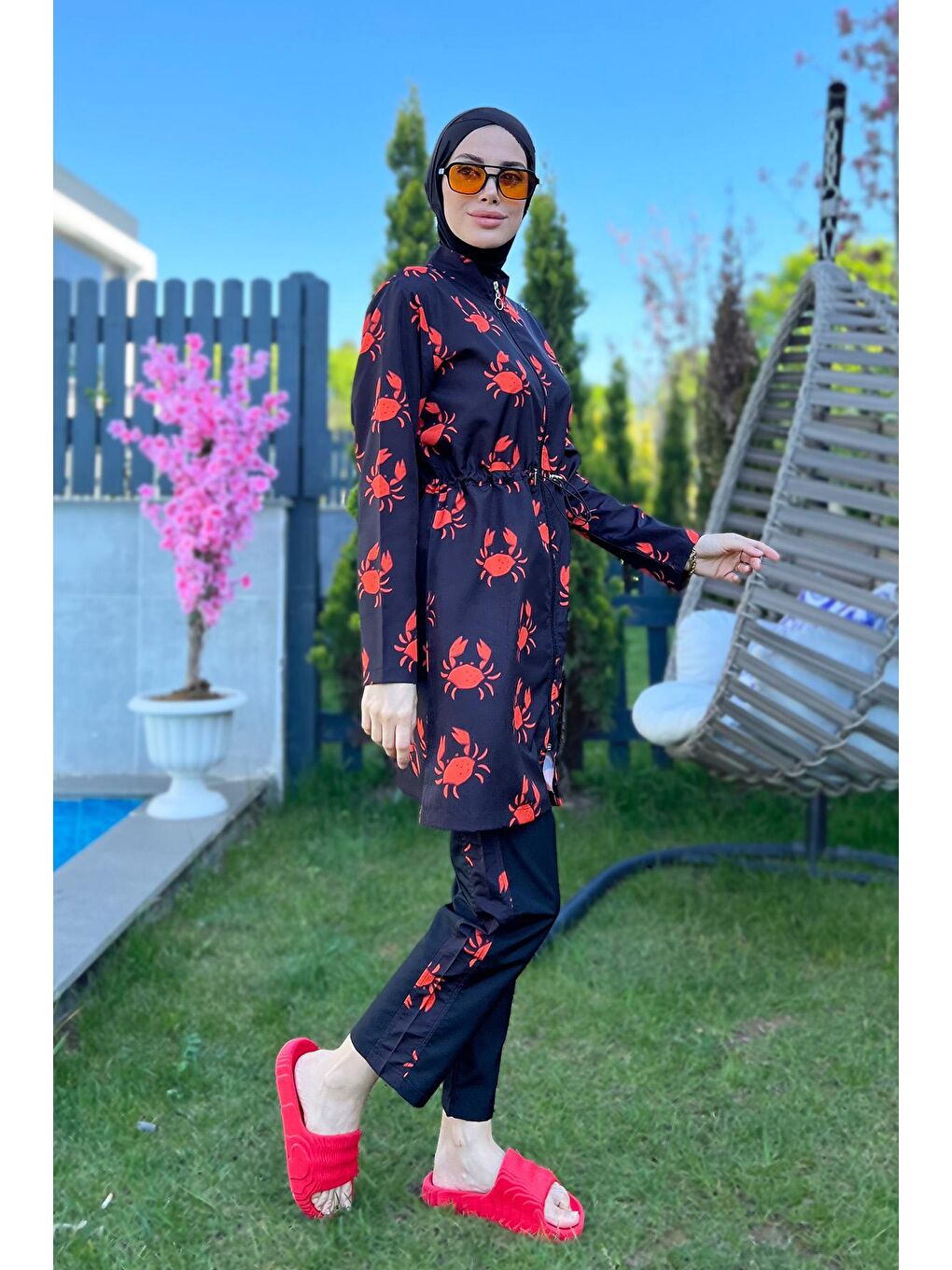 Siyah Parasut Tam Kapalı Tesettür Mayo R080 Yengeç-8