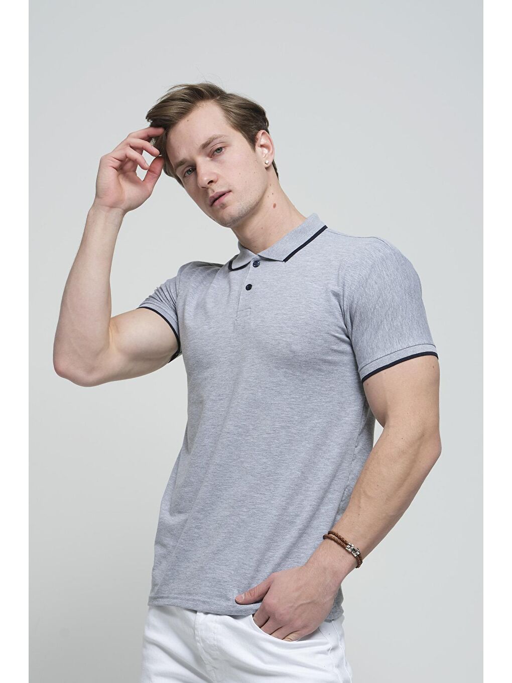 Gri Colton Yakası Biyeli Likralı Slim Fit Erkek Polo Yaka Tişört