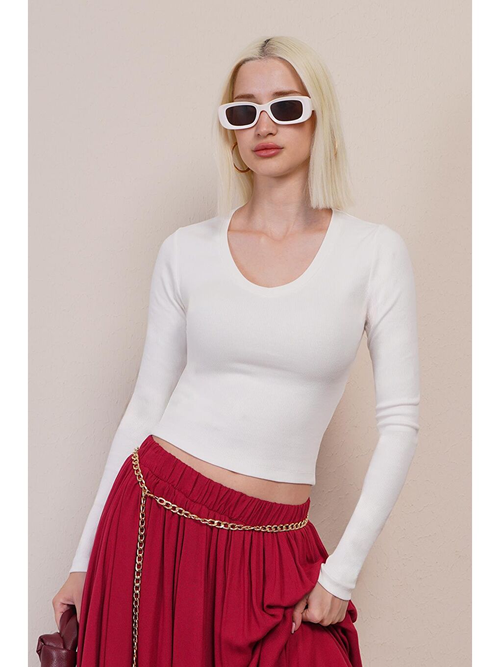 Beyaz V Yaka Uzun Kollu Kaşkorse Body Mg2192-4