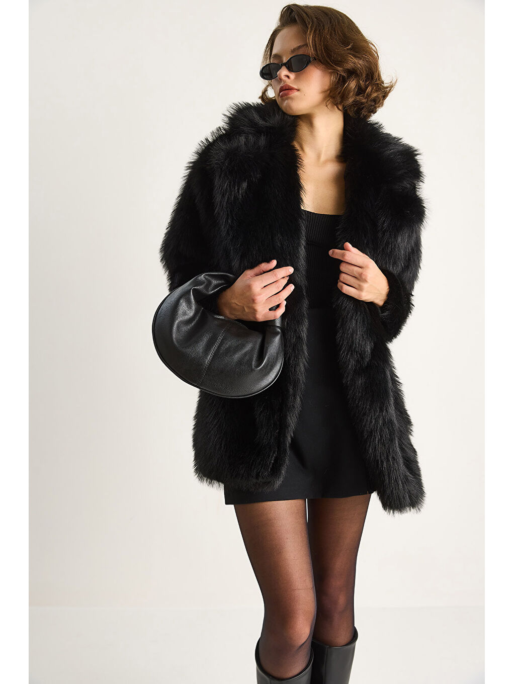 Siyah Kadın Premium Suni Uzun Kürk Ceket-2